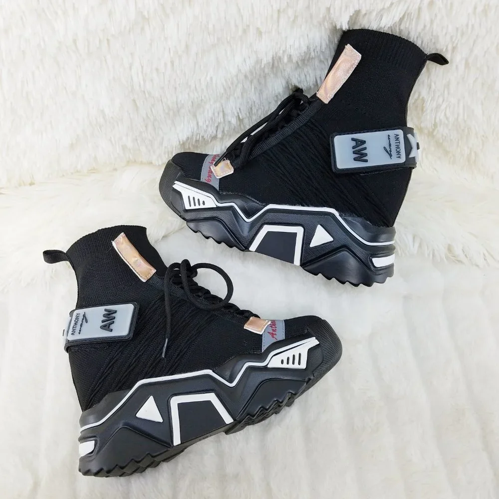 Wang Damson Black Knit Pull On Platform Sneaker Boots 4" Hidden Wedge NIB_3